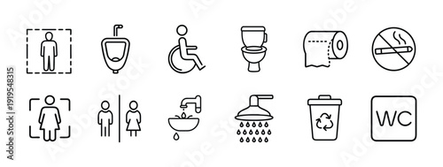 WC and restroom outline icon set with male female sign, disabled accessibility, mother child, baby care, hygiene symbol, public bathroom more vector illustration editable stroke.