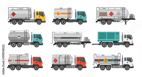 Collection of nine isometric tanker trucks with diverse cab colors and various hazardous material warning labels for cargo transport.