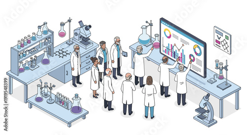 A diverse group of scientists is collaborating and discussing research data on a large screen in a modern advanced laboratory setting.