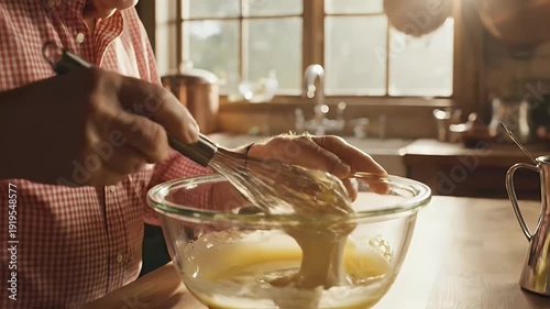 Senior person cooking with whisk and bowl indoors
