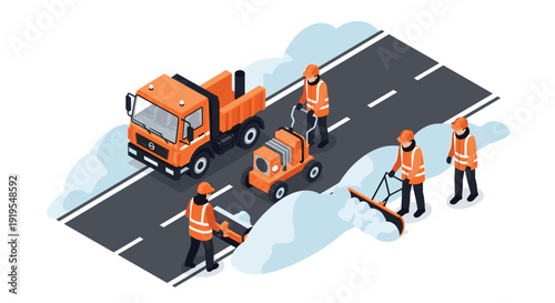 Isometric snow removal team with truck, snow blower, and workers clearing snow from a road.