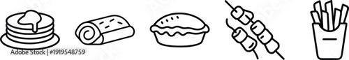 on a transparent background Charming outline icons showcasing pancakes, a rolled pastry, a pie, marshmallow skewers, and french fries, perfect for a fun food concept design.
