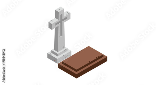 Isometric grave plot featuring a solemn stone cross tombstone resting on a simple brown burial mound.
