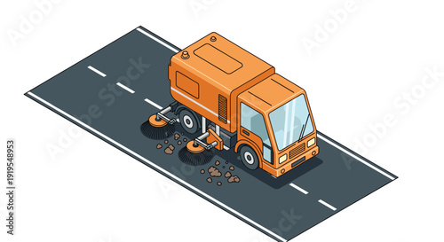 Isometric orange street sweeper truck equipped with rotating brushes actively cleaning debris from an asphalt road with dashed lines.