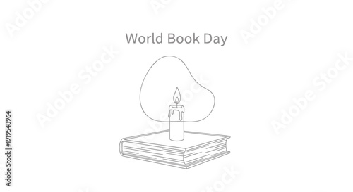 World Book Day icon with candle on book and thought bubble, line art style, educational symbol.