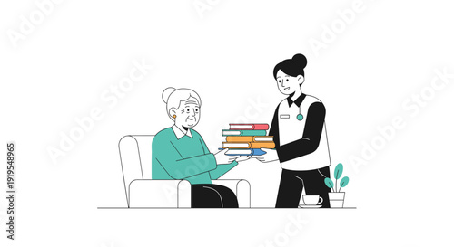 Thoughtful caregiver providing a stack of books to an elderly woman comfortably seated in an armchair, promoting literacy and well-being.
