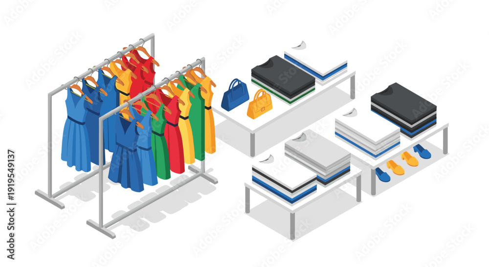 Fototapeta premium Isometric collection of women's apparel items, including colorful dresses on hangers and neatly folded clothes on shelves with accessories.
