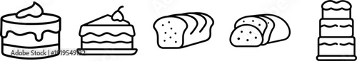 on a transparent background Outline icons set featuring bakery staples: cakes, cake slices, bread loaves, and a tiered celebration cake, ideal for baking businesses and culinary websites.