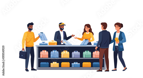 Isometric view of a clothing store counter where a sales assistant is helping diverse customers with their apparel purchases.