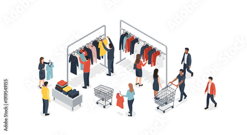 Isometric view of diverse people shopping for clothes in a retail store, browsing apparel racks with shopping carts.