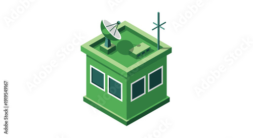 Isometric illustration of a small green control building equipped with a satellite dish on its roof for communication purposes.
