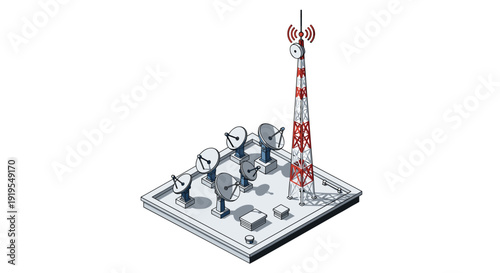 Isometric illustration of a modern communication base featuring a tall cell tower and multiple satellite dishes for data transmission.