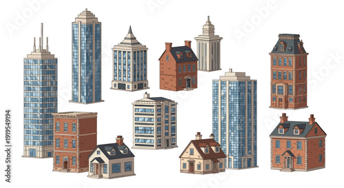 Diverse isometric collection of residential and commercial city buildings, featuring modern skyscrapers, apartment blocks, townhouses, and classic homes.