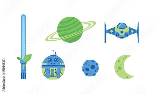 Colorful space objects including a lightsaber planet and spaceship