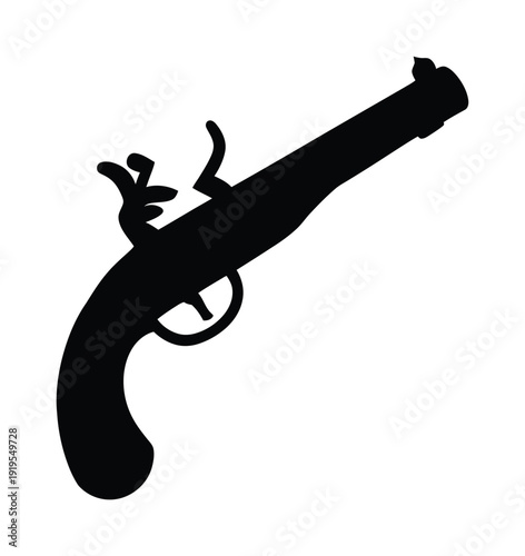 Vector silhouette of a flintlock pistol against a plain background.