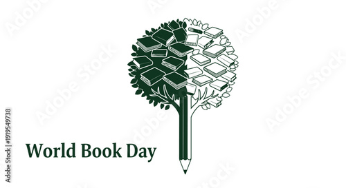 World Book Day logo, tree made of books and pencil, literacy symbol, green and white vector icon.