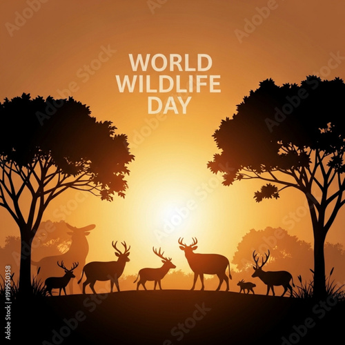 Silhouettes of diverse wild animals standing together against a golden sunset savanna representing World Wildlife Day conservation unity