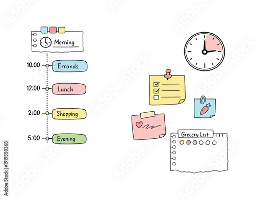 Daily schedule timeline with time blocks, timer and notebook page scraps, sticky notes and progress dots for Grocery list planner