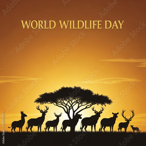 Silhouettes of forest animals gathered near trees at sunrise symbolizing environmental protection for World Wildlife Day