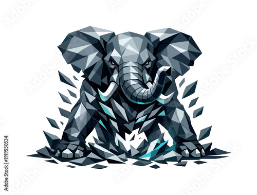 Low-poly vector illustration of an elephant preparing to charge, heavy angular stance with feet planted wide and shoulders coiled