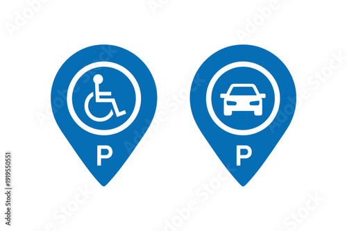 A vector graphic illustration of two blue parking icons with white symbols