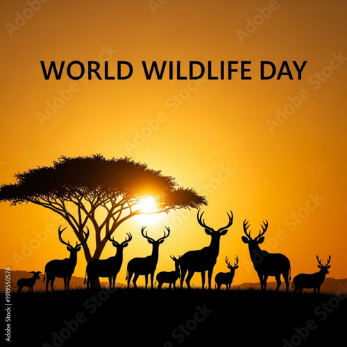 Silhouettes of forest animals gathered near trees at sunrise symbolizing environmental protection for World Wildlife Day
