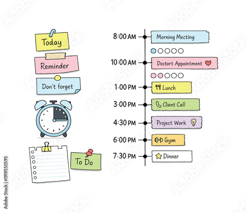Daily schedule timeline with time blocks, timer and notebook page scraps, sticky notes and progress dots for Appointment