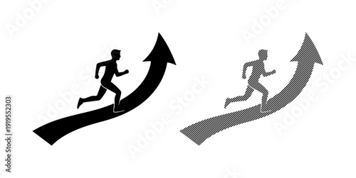 Person running upwards on a rising arrow, symbolizing progress and achievement.