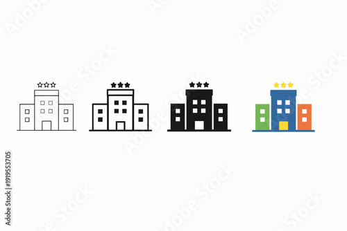 Outline to colorful transition of star-rated buildings icon set