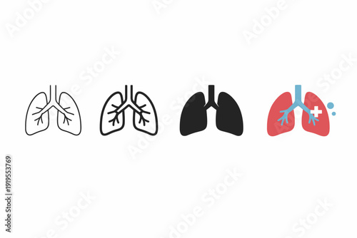 Set of lung icons and symbols in black and red with medical cross