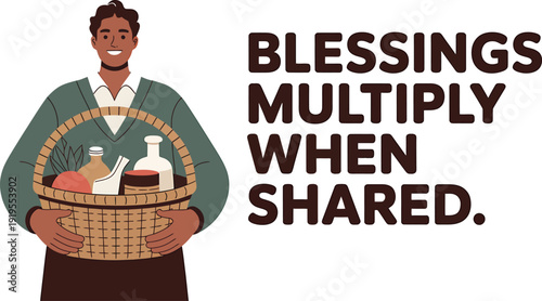 Smiling man holding basket with food and bottles