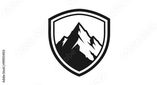 Mountain peak shield emblem logo, outdoor adventure badge design, isolated white background.