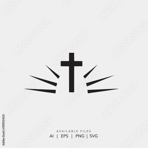 Minimalist Christian cross logo with rays of light,Simple black and white religious icon for church