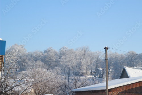 Scenic winter village panorama with frost covered trees and clear blue sky