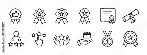 Awards and trophy outline icon set with star cup, winner celebration, champion podium, victory laurel wreath frame, crown achievement, premium quality badge, success more vector illustration
