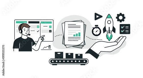 Modern minimal flat vector conceptual collage, crisp hard edges, consistent THIN outline stroke, rounded corners where needed,