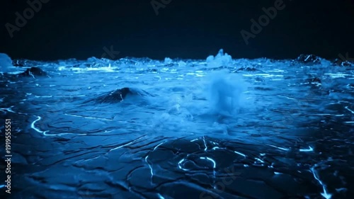 Mysterious glowing blue alien landscape with illuminated veins and erupting liquid.