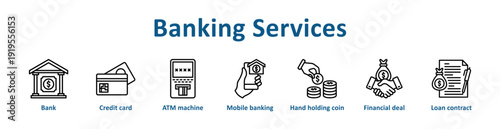 Banking Services icon banner line art collection