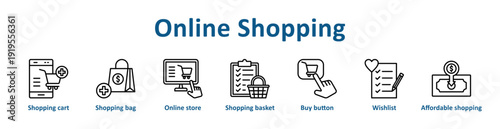 Online Shopping icon banner line art collection