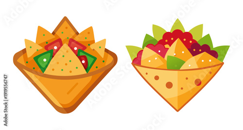 Stylized illustration of traditional nachos and snack food.