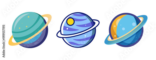 Three vibrant cartoon planets with rings, simple space icons