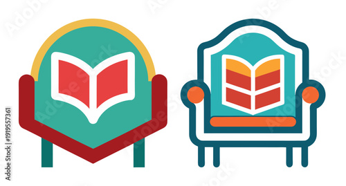Two stylized armchairs with open books, representing knowledge