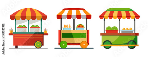 Colorful street food vendor stalls selling fresh fruits and drinks.