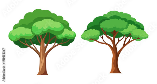 Two cartoon trees with fresh green leaves and sturdy brown trunks