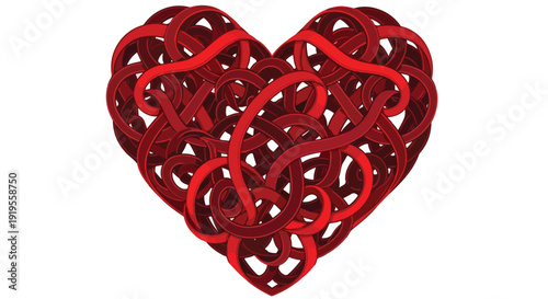 Red heart-shaped sculpture made of intertwined metal loops on a white background.