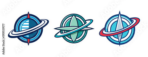 Stylized world globe and compass icons set for navigation