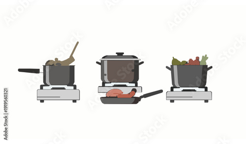 Minimal kitchen pots and pans with cooking food modern flat vector collection