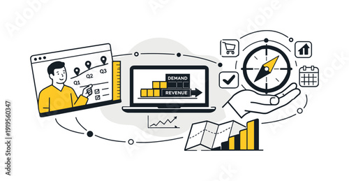 Ecommerce Forecast Strategy Collage. Modern minimal flat vector conceptual collage, crisp hard edges, consistent THIN outline
