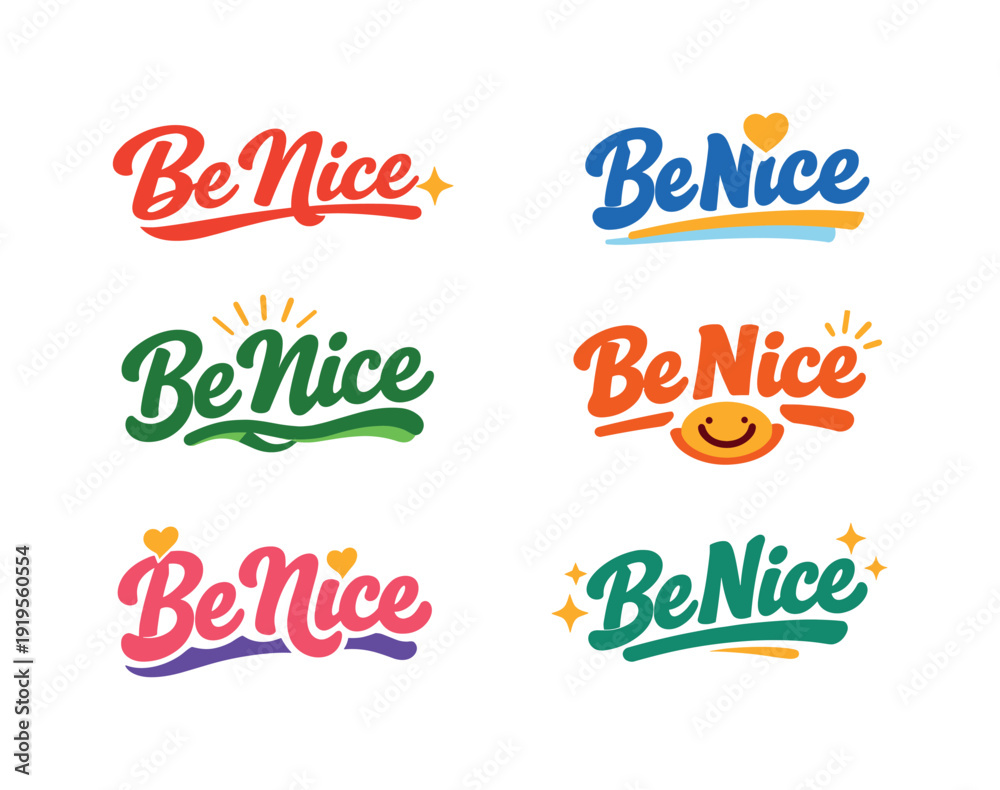 Fototapeta premium Clean flat holiday banner set illustration featuring modern lettering logo set for Be Nice, stock marketplace–ready lettering