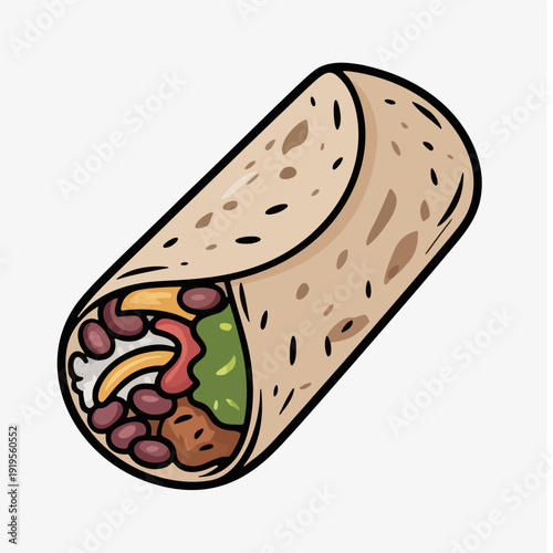 A wrapped burrito filled with rice, beans, meat, and vegetables, illustrated in flat cartoon vector sticker and clipart style with bold outlines and shading, isolated on white background.